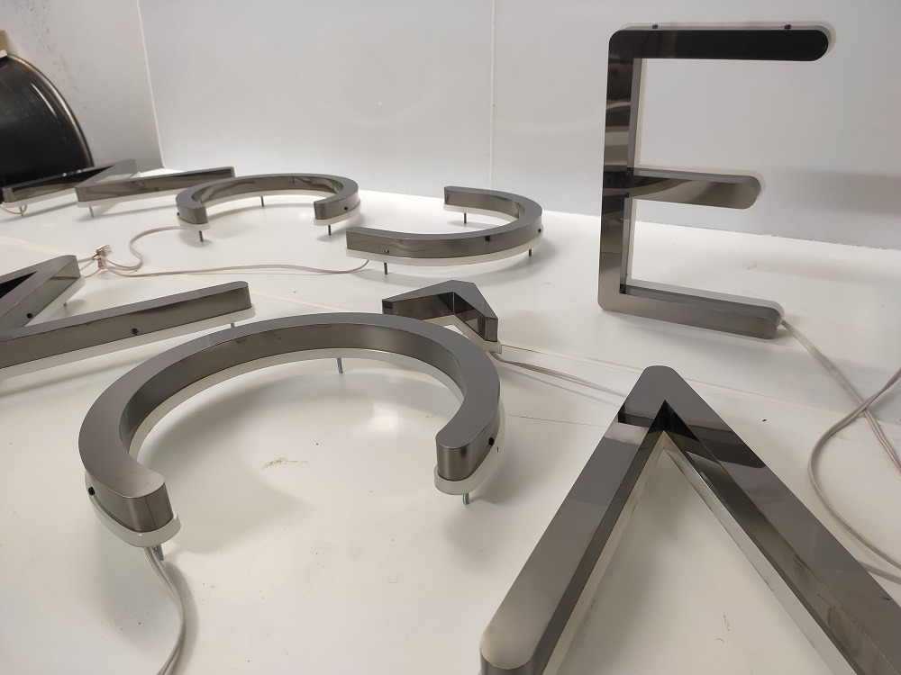 Stainless steel 3D LED built-up letters before installation