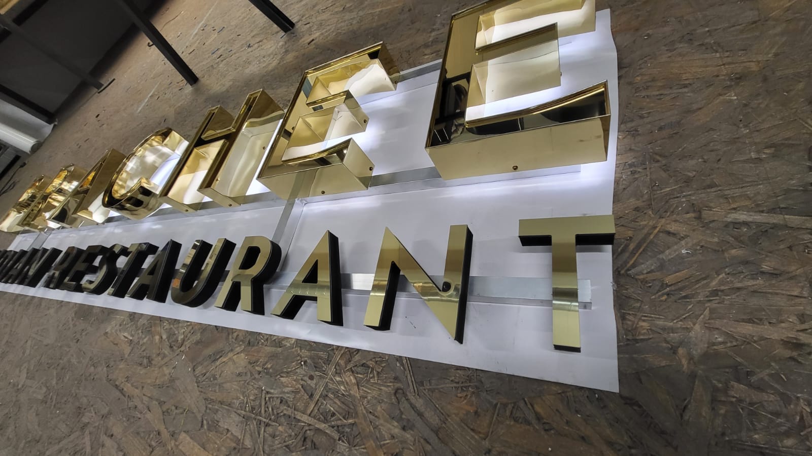 Gold stainless steel 3D LED letters for an Indian restaurant